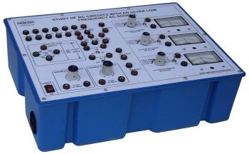 Study of R.C. circuit with an ultra low frequency AC source  with power supply and 3 centre 0 meters